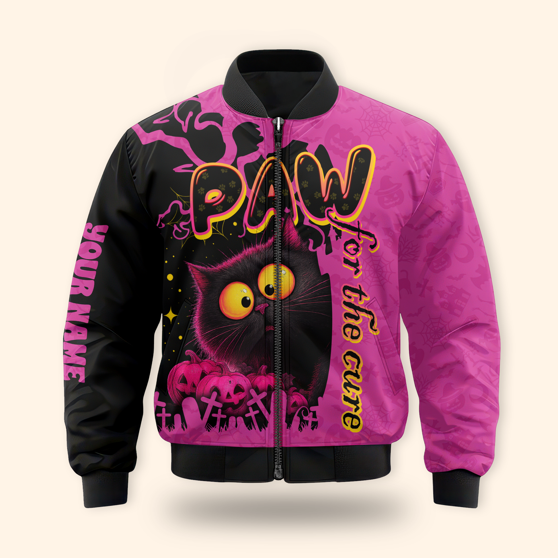 Personalized Cat Hoodie – Paw for the Cure Black Cat Pink Halloween Zip Up, Custom Choo