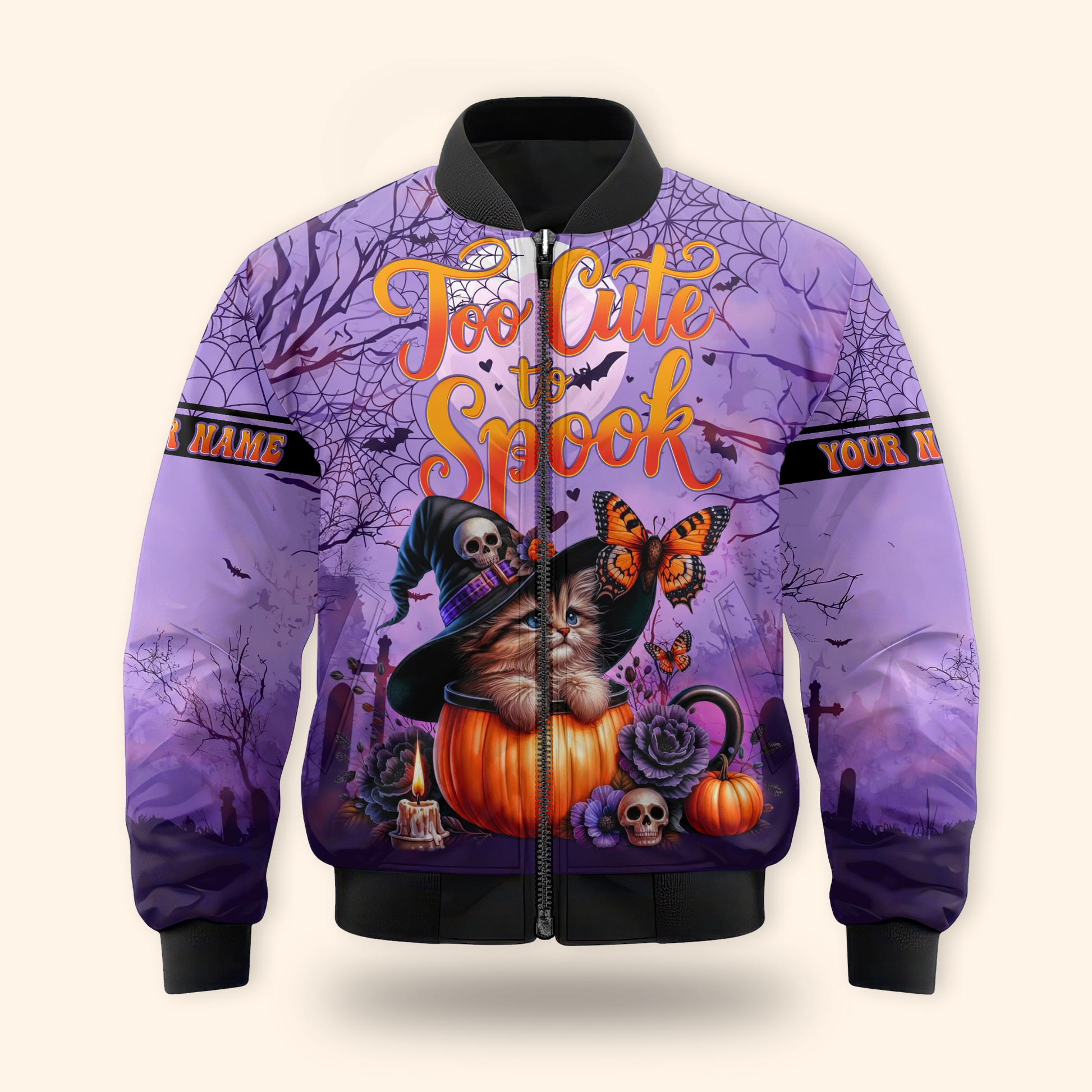 Too Cute To Spook Halloween Cat Hoodie – Personalized Name Zip Up Jacket, Custom Choo