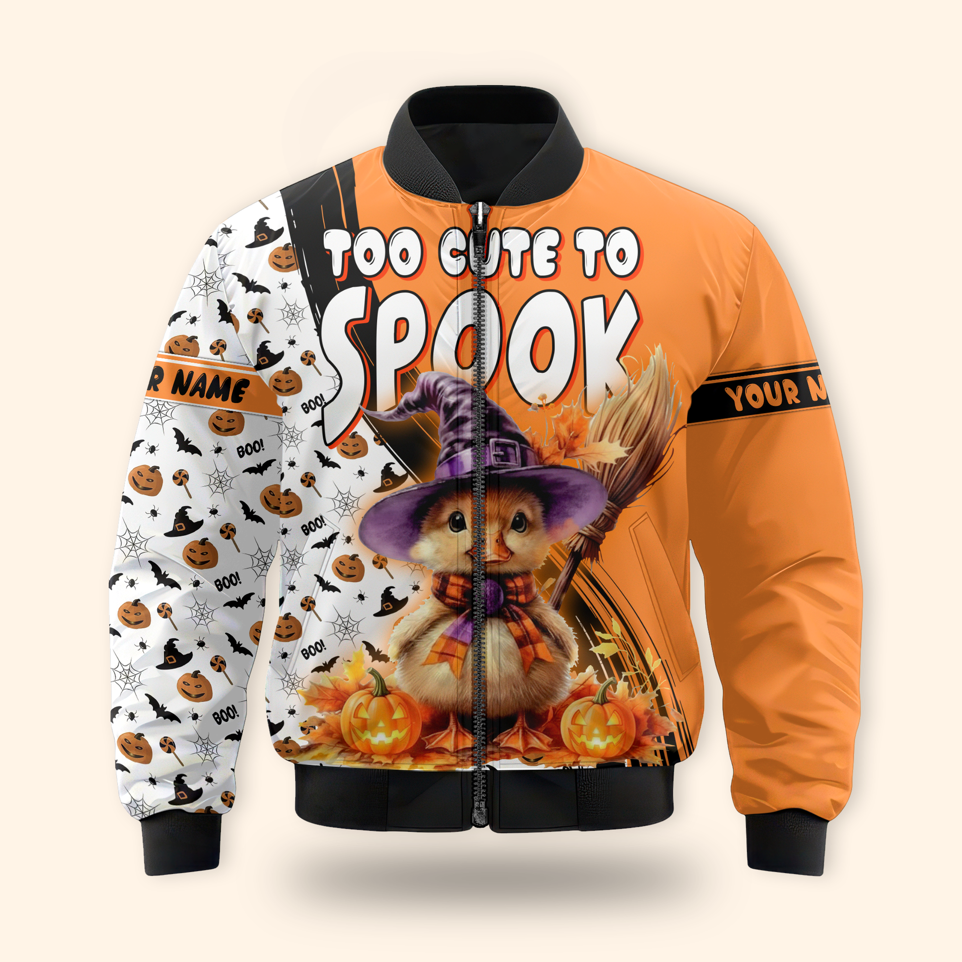 Too Cute To Spook Halloween Hoodie – Personalized Name Pumpkin Witch Cat Jacket, Custom Choo