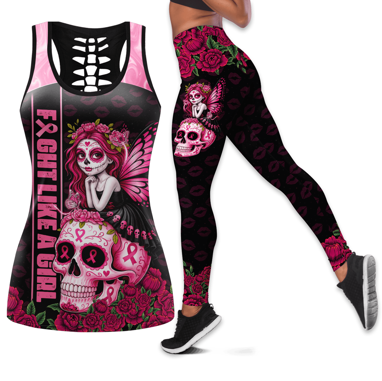 Fight Like A Girl Sugar Skull - Combo Legging Breast Cancer Awareness, Custom Choo