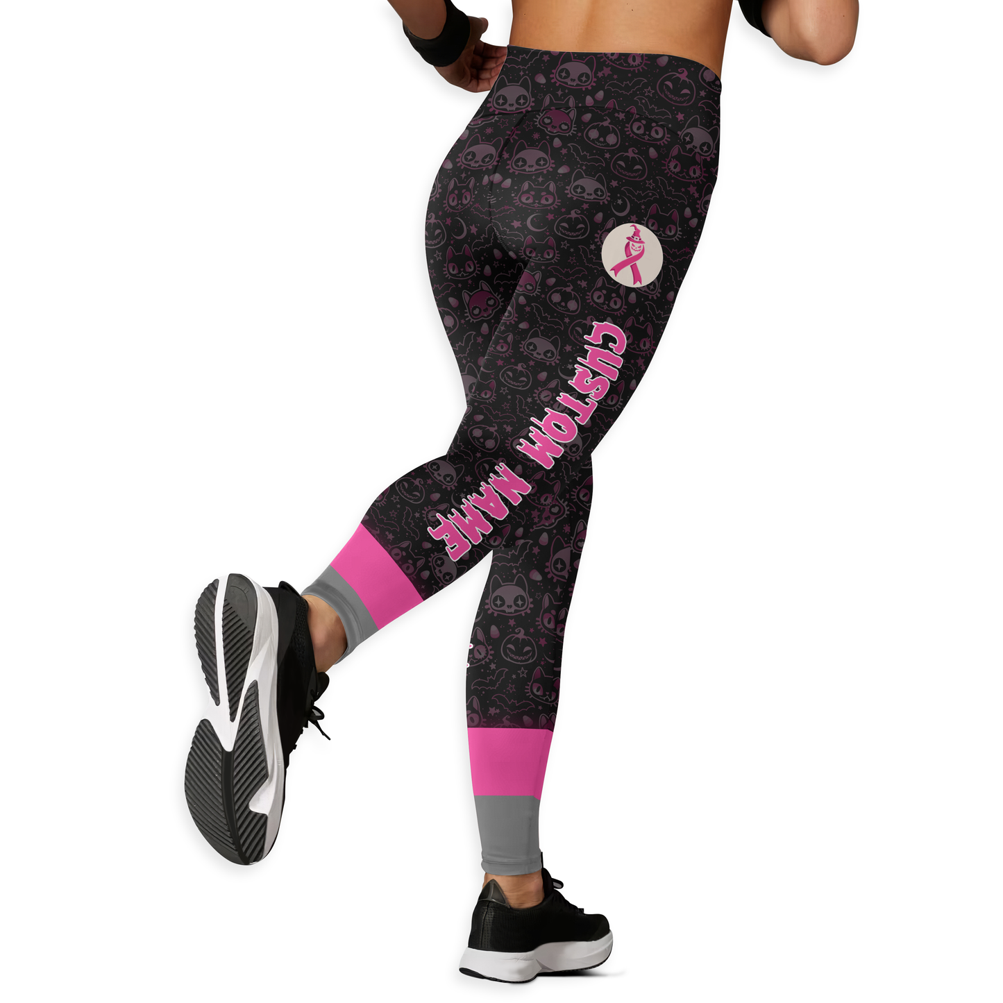 Pink Ribbon Halloween Witch Cat Tank Top & Leggings Set, Custom Choo