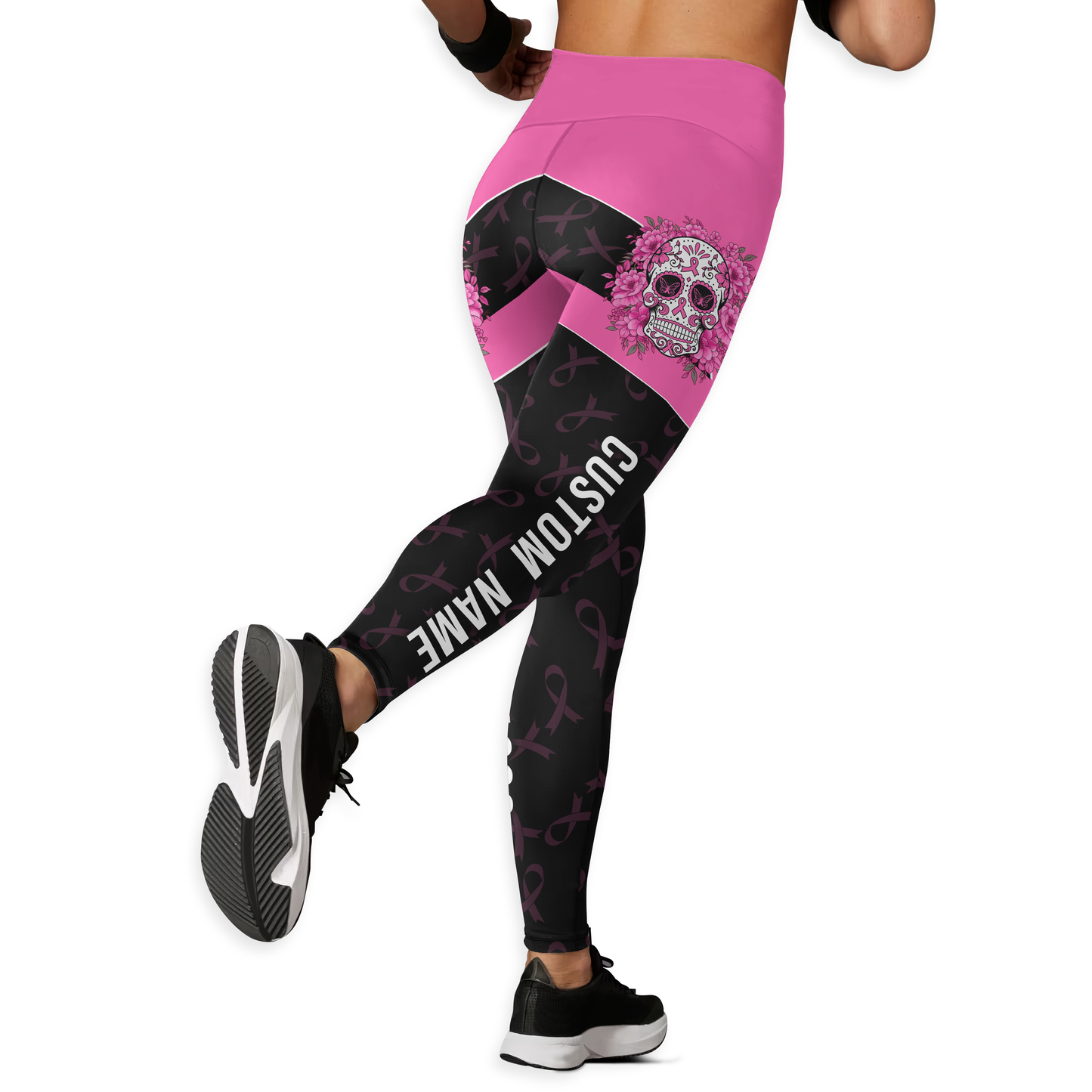 Personalized Pink Ribbon Floral Sugar Skull Leggings and Tank Outfit