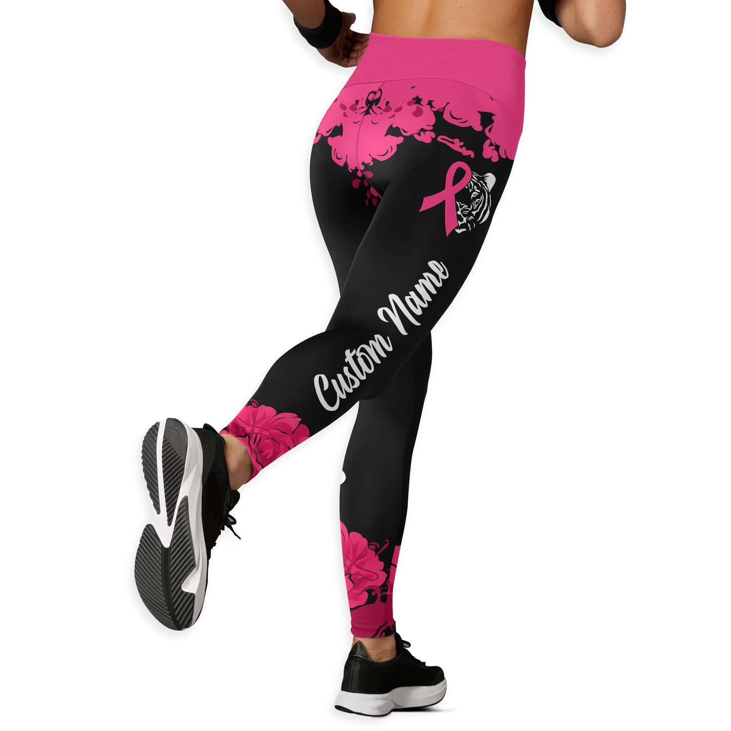 Fiery Tiger Pink Ribbon Warrior Leggings and Criss-Cross Tank Set, Custom Choo