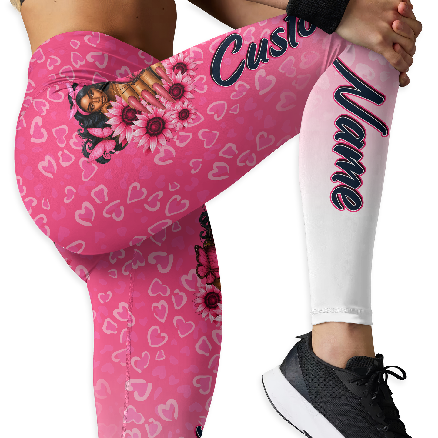 personalized black girl magic pink ribbon faith hope love ombre leggings and criss cross tank set, Custom Choo