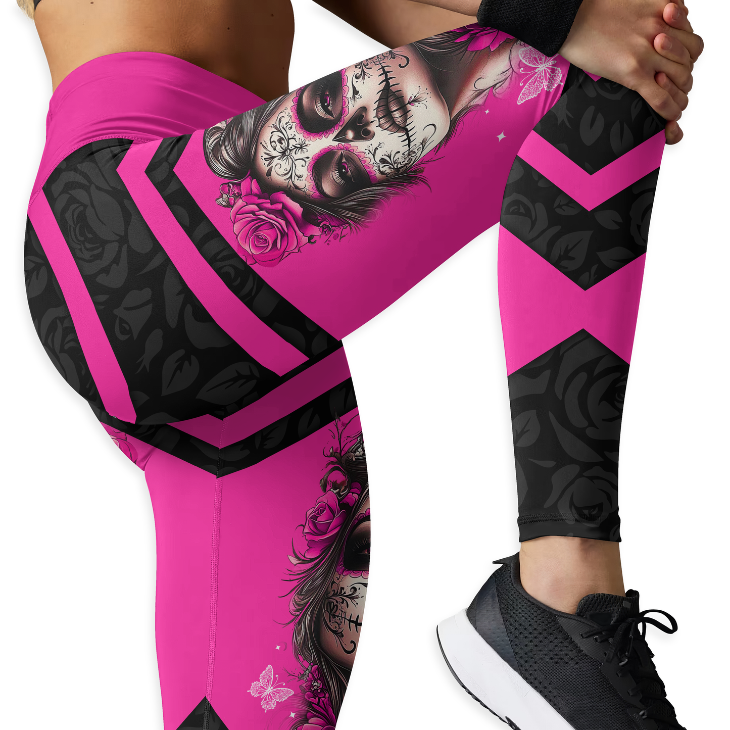 Breast Cancer Awareness Sugar Skull Legging and Hollow Tank Top Set, Custom Choo