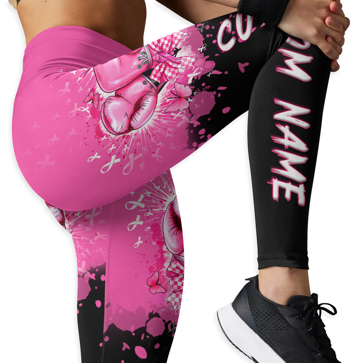 Personalized Pink Ribbon Fighter "Never Give Up" Leggings and Tank Outfit, Custom Choo