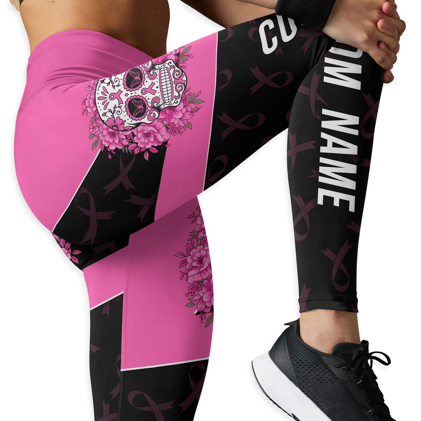 Personalized Pink Ribbon Floral Sugar Skull Leggings and Tank Outfit