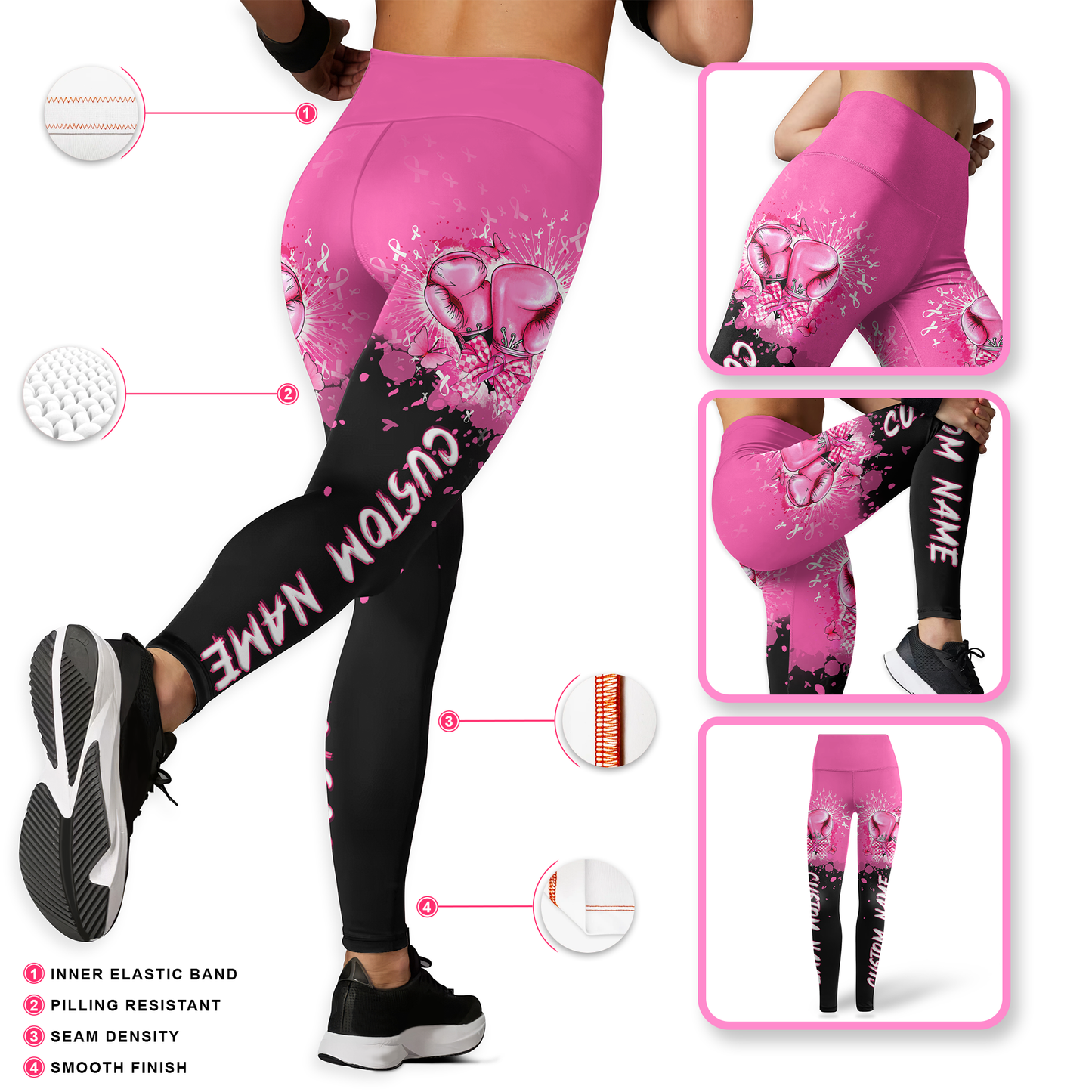Personalized Pink Ribbon Fighter "Never Give Up" Leggings and Tank Outfit, Custom Choo