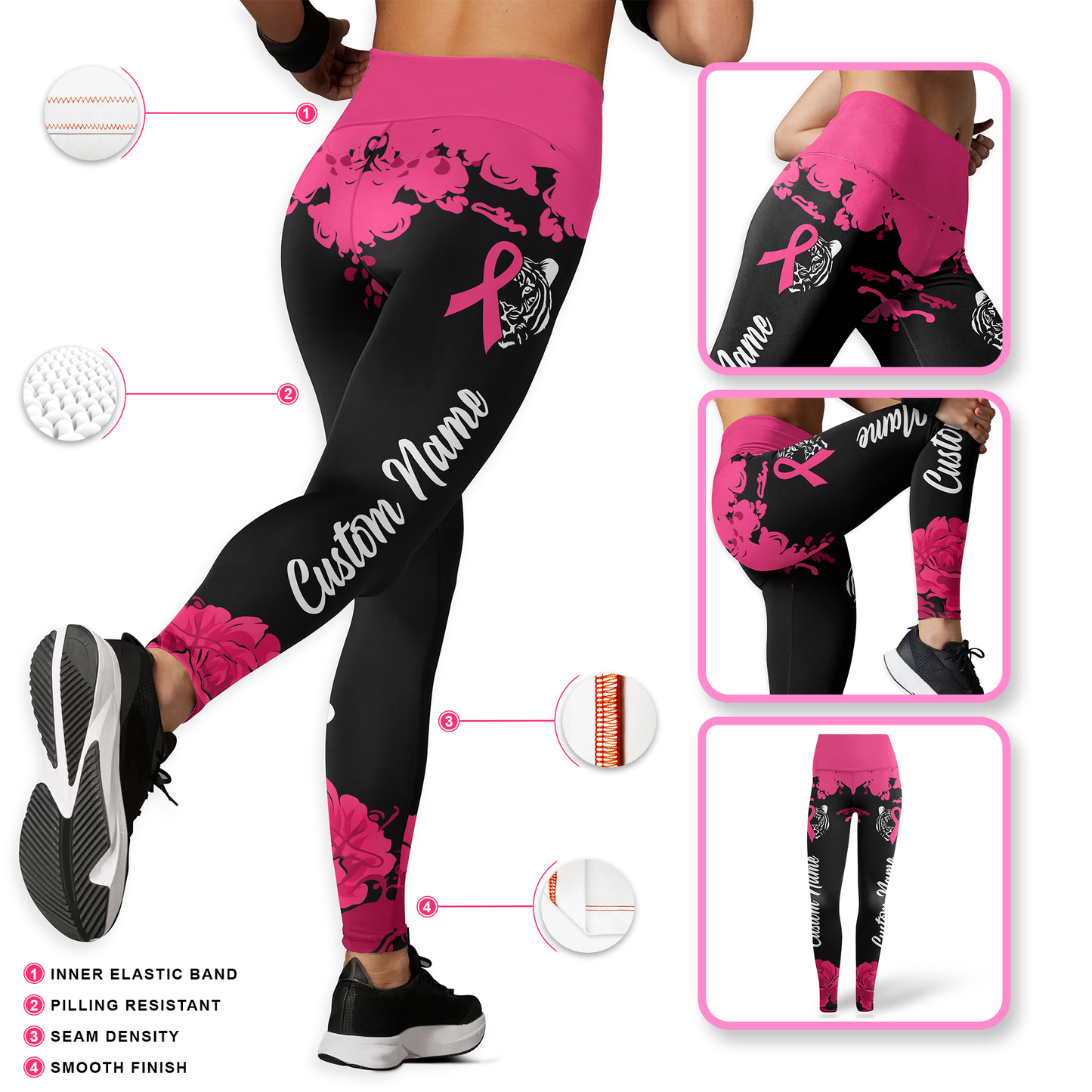 Fiery Tiger Pink Ribbon Warrior Leggings and Criss-Cross Tank Set, Custom Choo