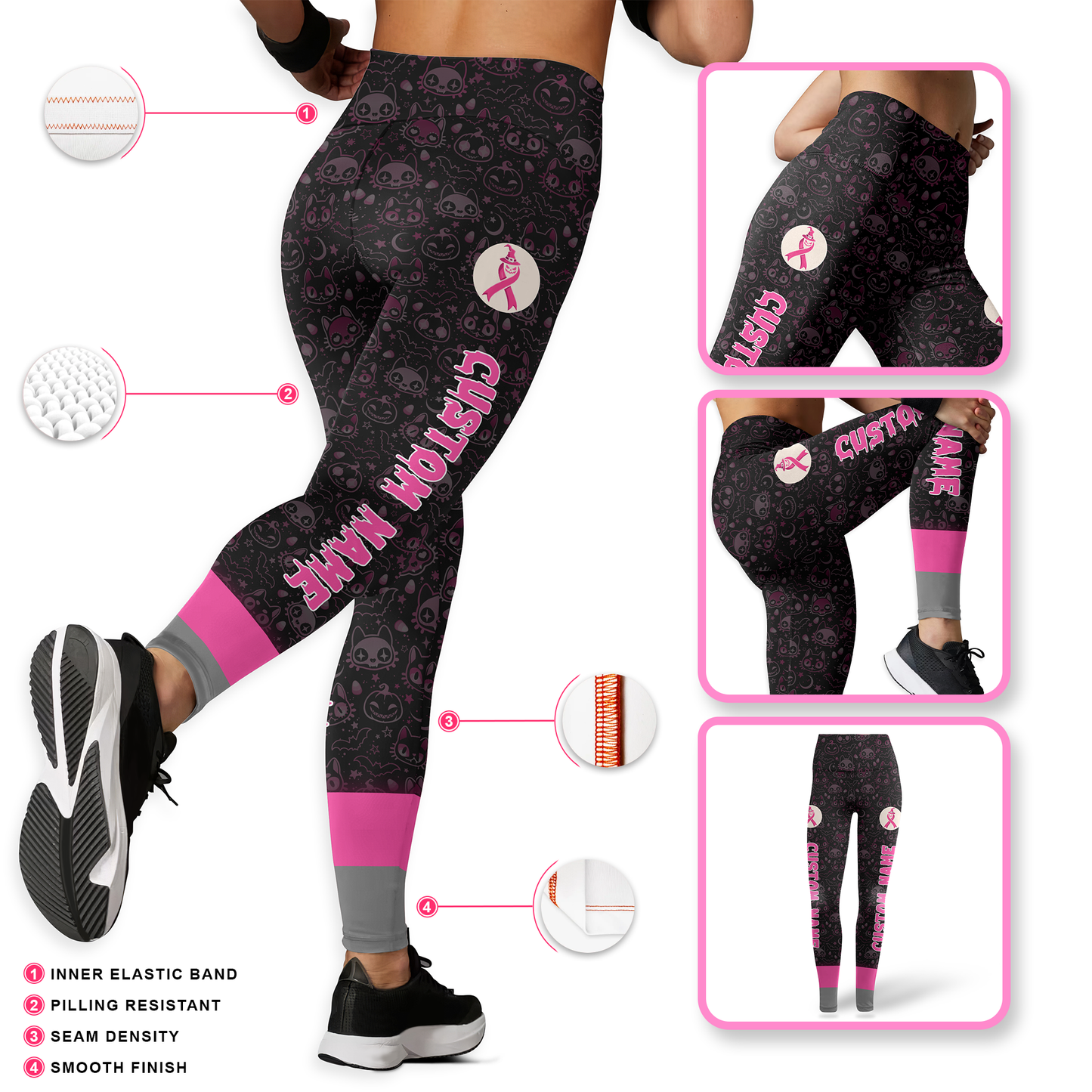 Pink Ribbon Halloween Witch Cat Tank Top & Leggings Set, Custom Choo