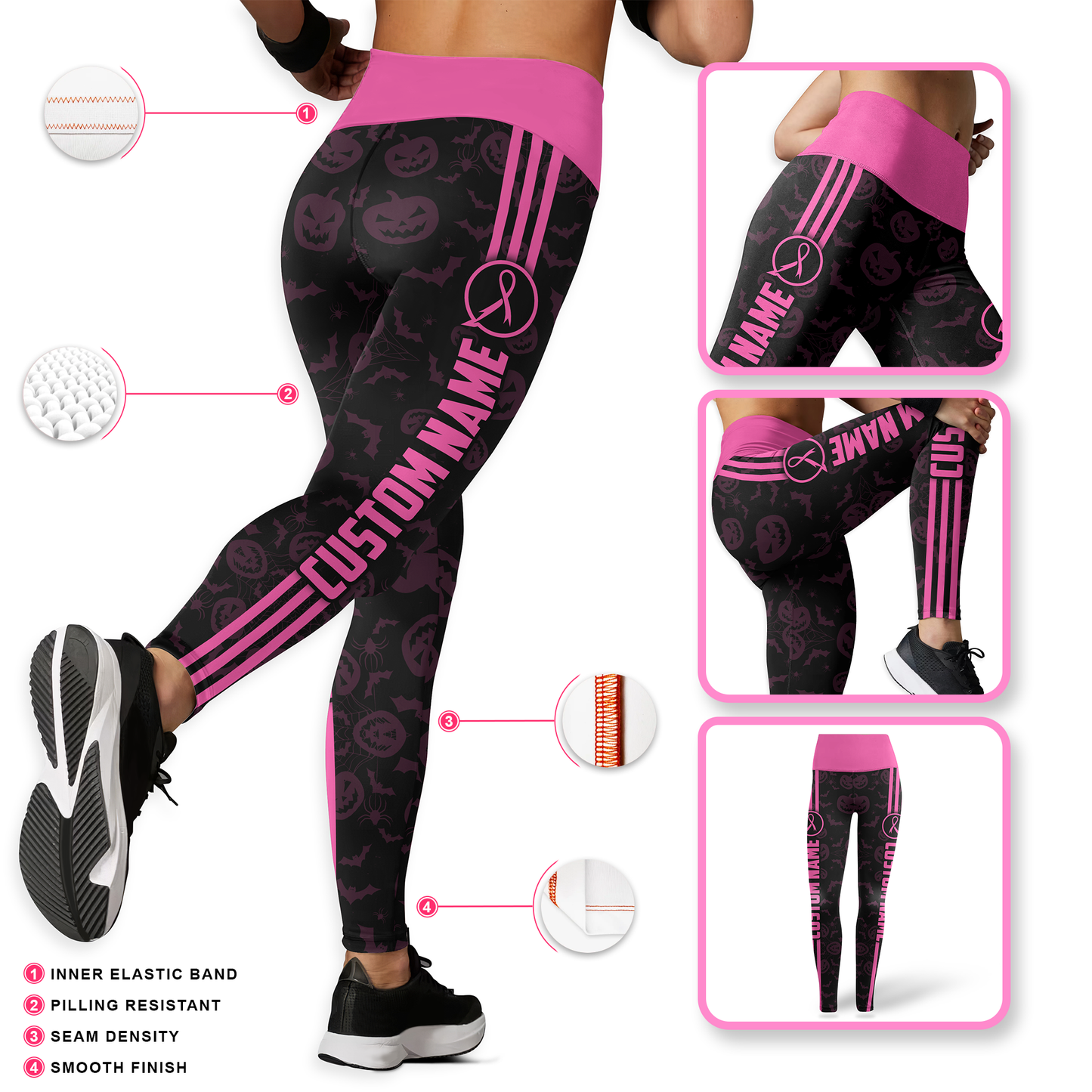 Personalized "Fight Like A Girl" Pink Halloween Pumpkin & Bat Leggings and Tank Outfit, Custom Choo