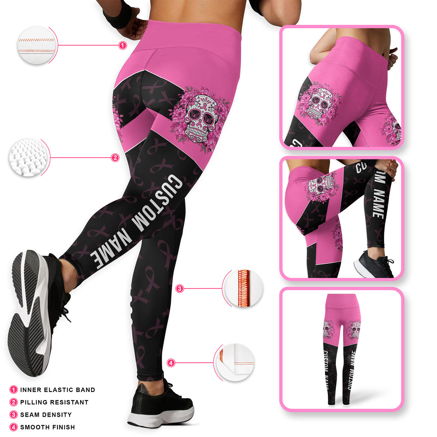 Personalized Pink Ribbon Floral Sugar Skull Leggings and Tank Outfit