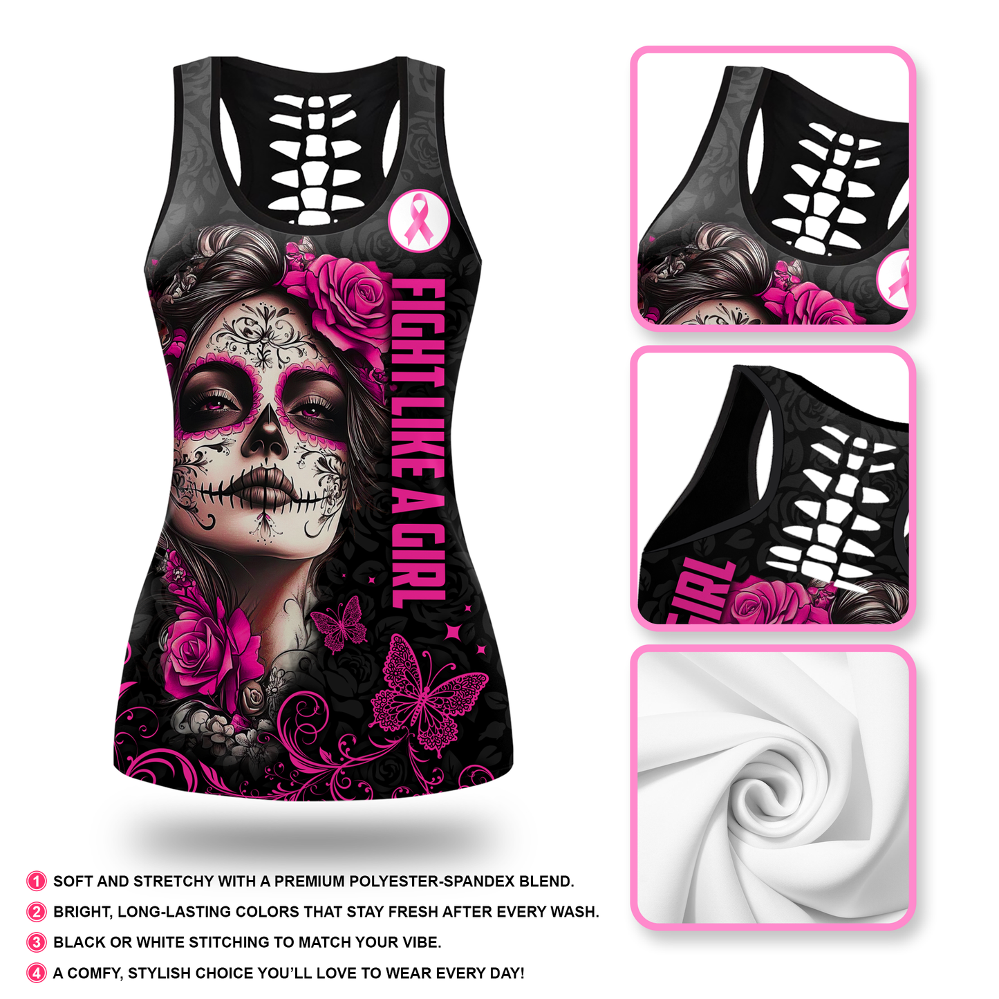 Breast Cancer Awareness Sugar Skull Legging and Hollow Tank Top Set, Custom Choo