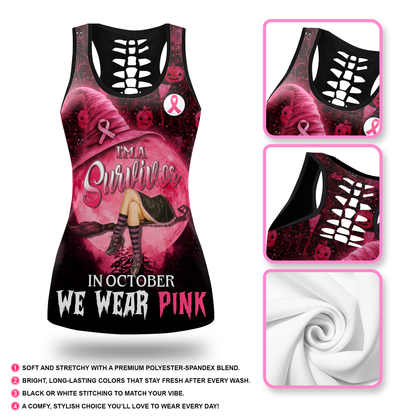Personalized Breast Cancer Survivor Witch Leggings and Hollow Tank Set, Custom Choo
