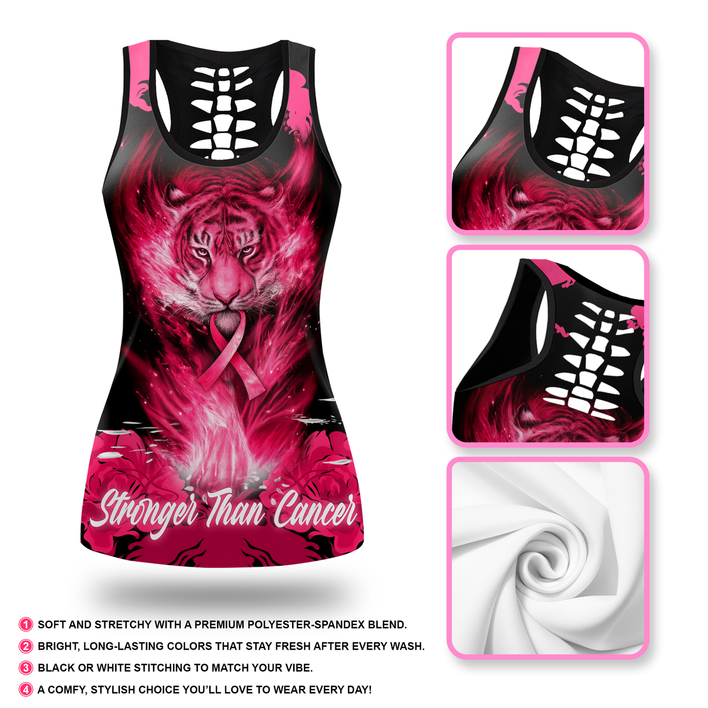 Fiery Tiger Pink Ribbon Warrior Leggings and Criss-Cross Tank Set, Custom Choo