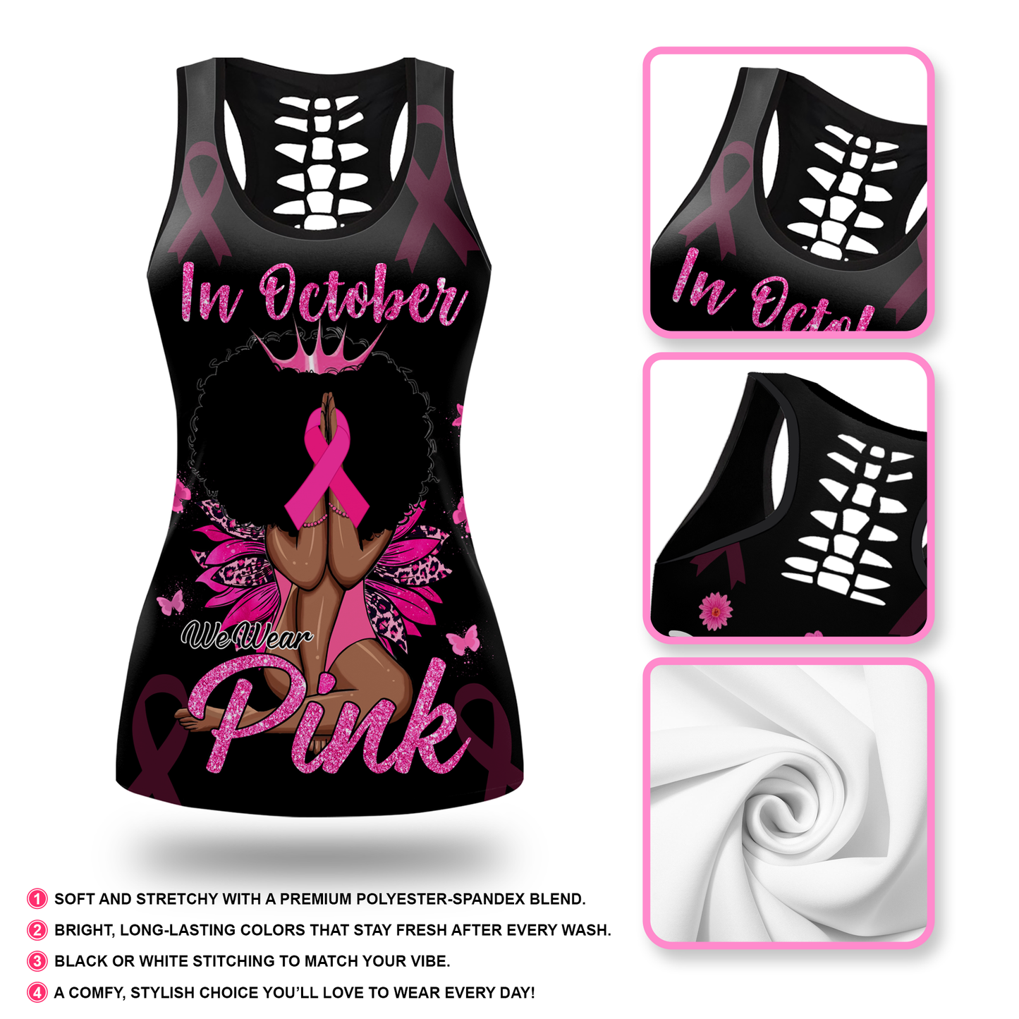 Personalized In October We Wear Pink Black Queen - Leggings and Hollow Tank Set, Custom Choo