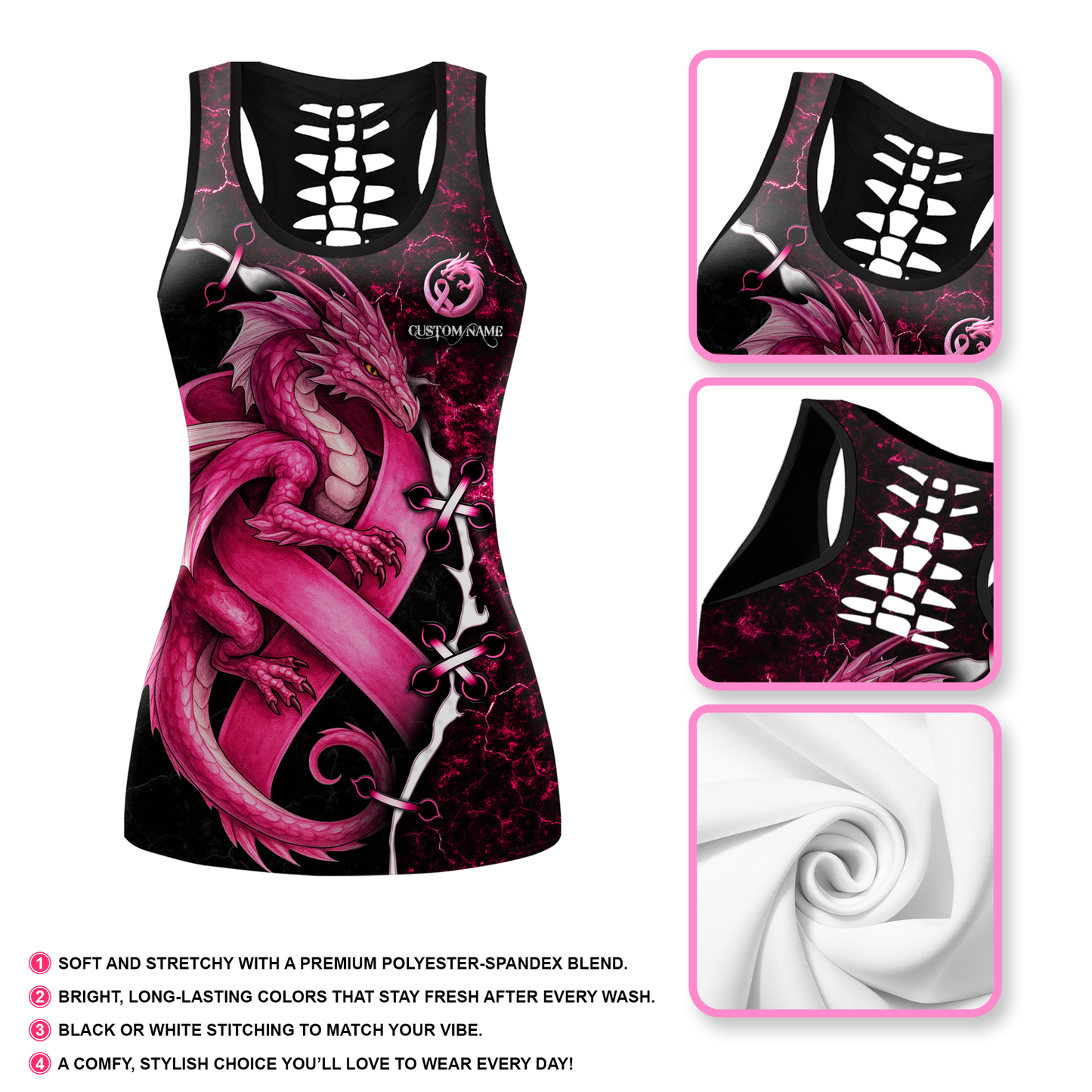 Breast Cancer Awareness Pink Dragon Tank Top and Leggings Set – Women’s Gym & Yoga Outfit, Custom Choo