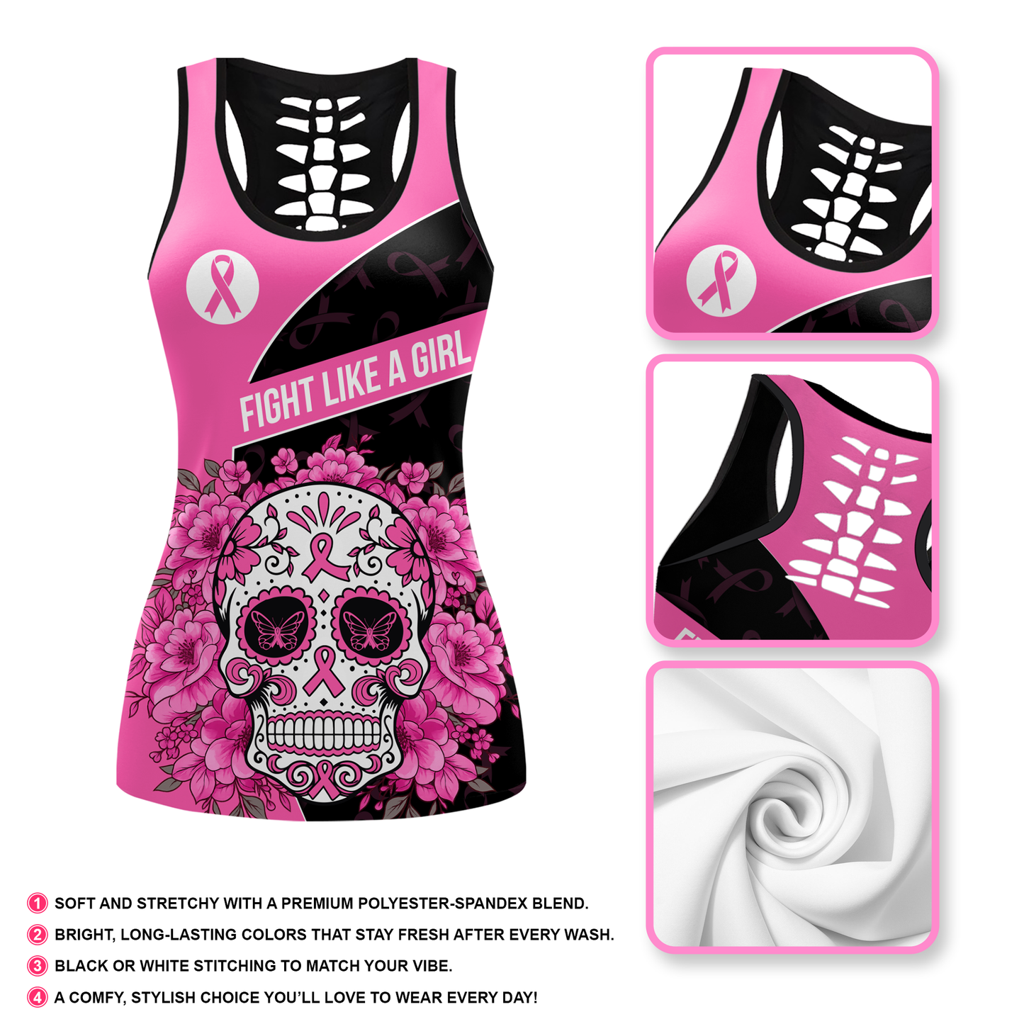 Personalized Pink Ribbon Floral Sugar Skull Leggings and Tank Outfit
