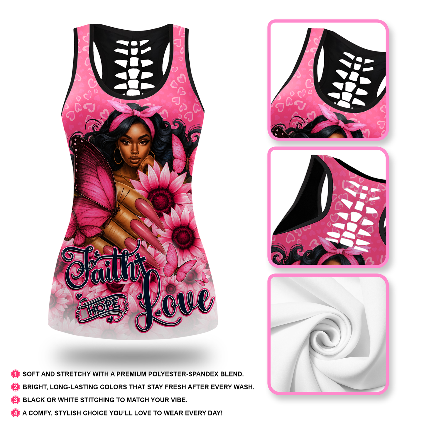 personalized black girl magic pink ribbon faith hope love ombre leggings and criss cross tank set, Custom Choo
