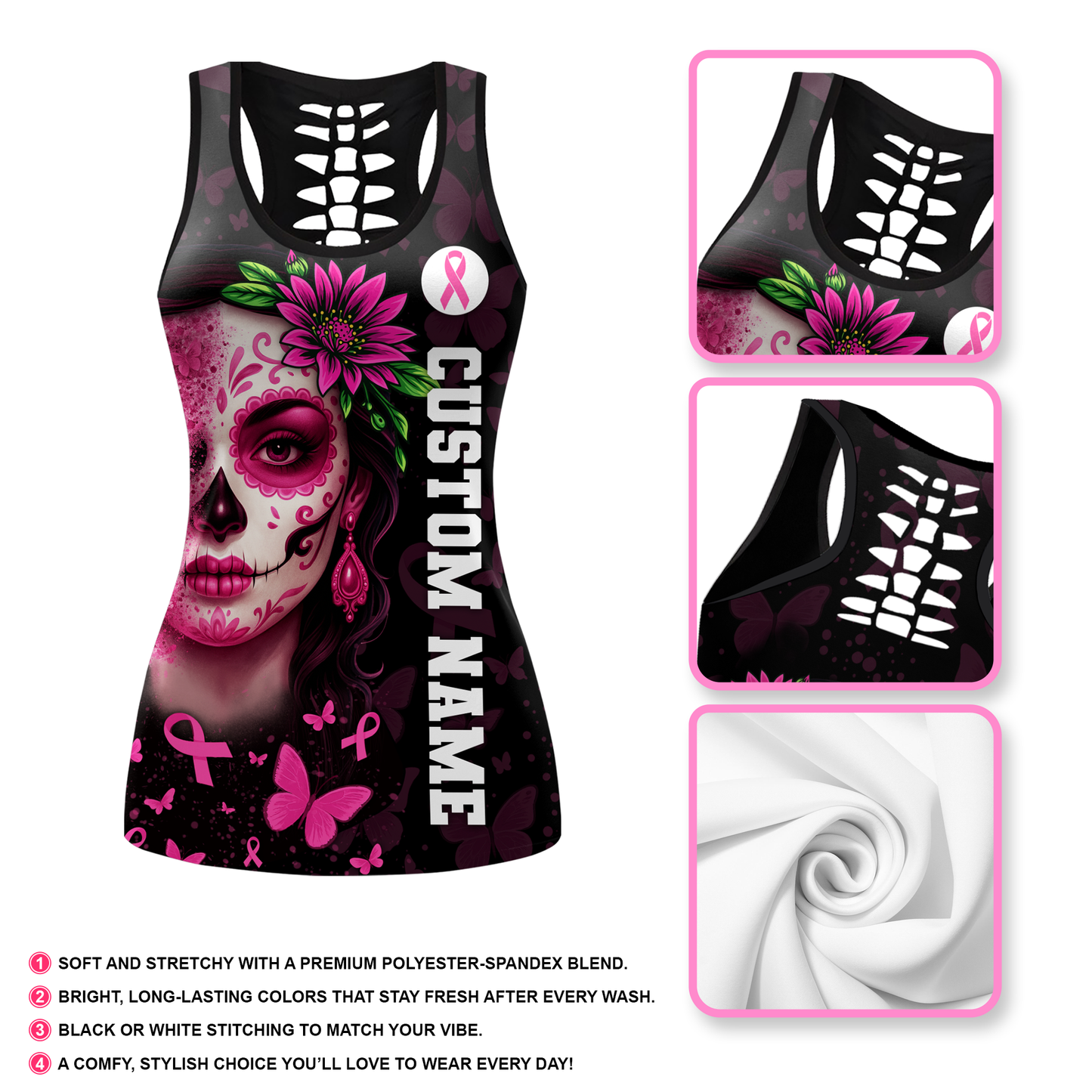 Personalized Pink Ribbon Floral Calavera & Butterfly Leggings and Tank Outfit
