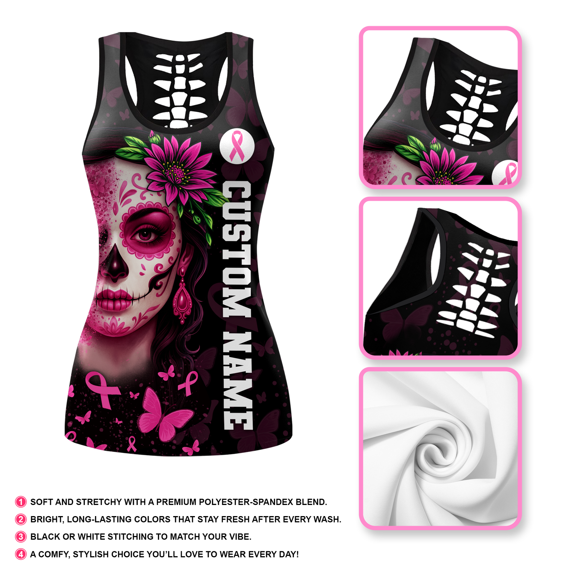 Personalized Pink Ribbon Floral Calavera & Butterfly Leggings and Tank Outfit, Custom Choo