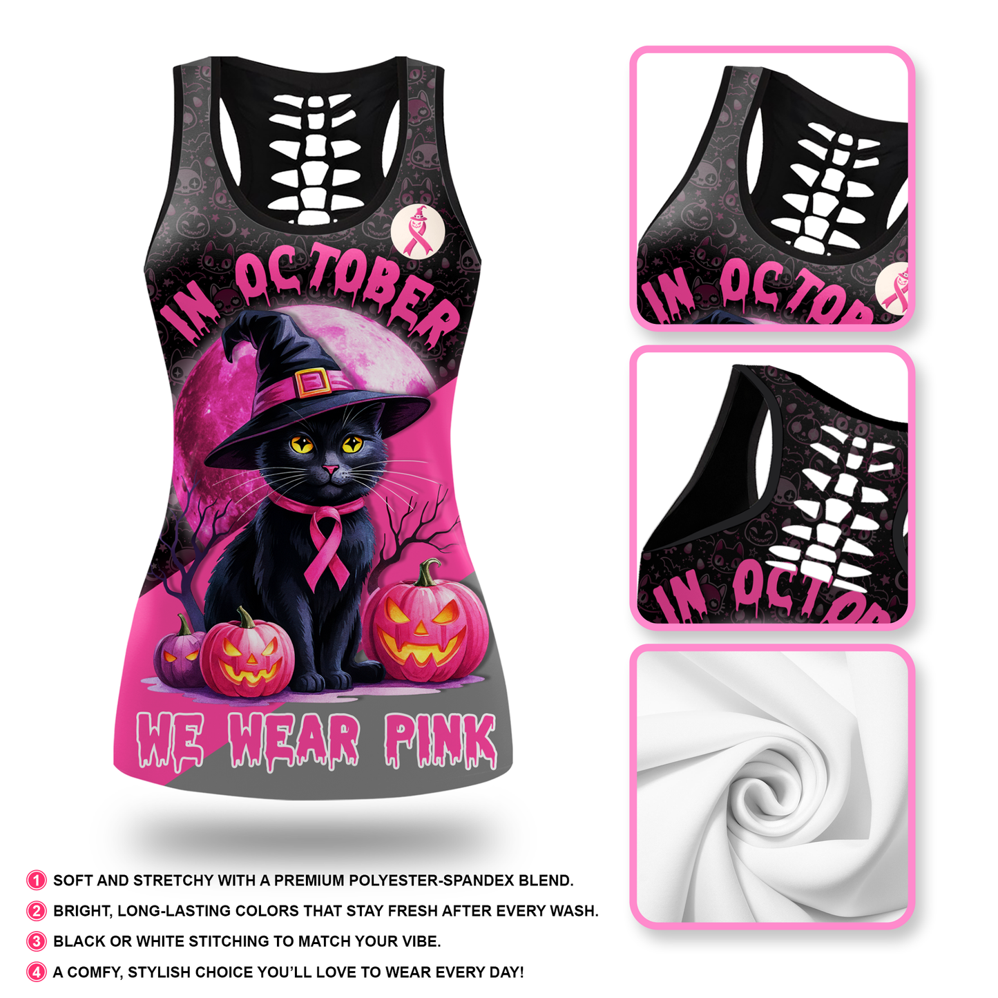 Pink Ribbon Halloween Witch Cat Tank Top & Leggings Set, Custom Choo