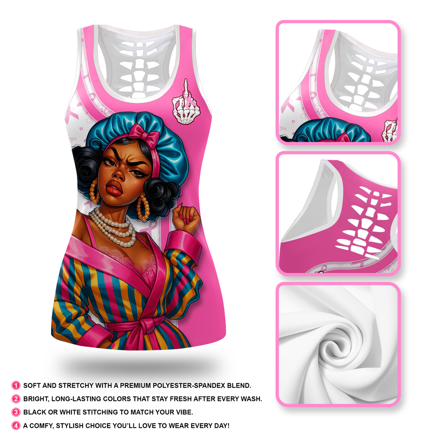 Personalized Black Woman Pink Ribbon Fighter Hollow Tank Top and Leggings Set, Custom Choo