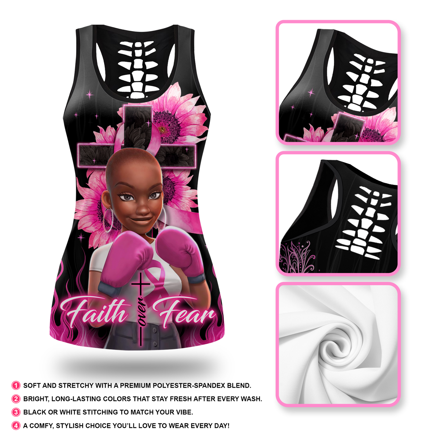 Personalized "Faith Over Fear" Breast Cancer Awareness Legging and Hollow Tank Set, Custom Choo