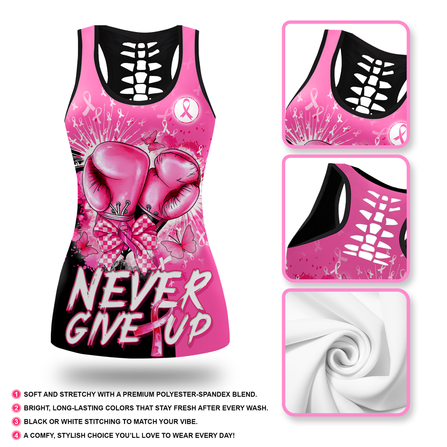 Personalized Pink Ribbon Fighter "Never Give Up" Leggings and Tank Outfit, Custom Choo
