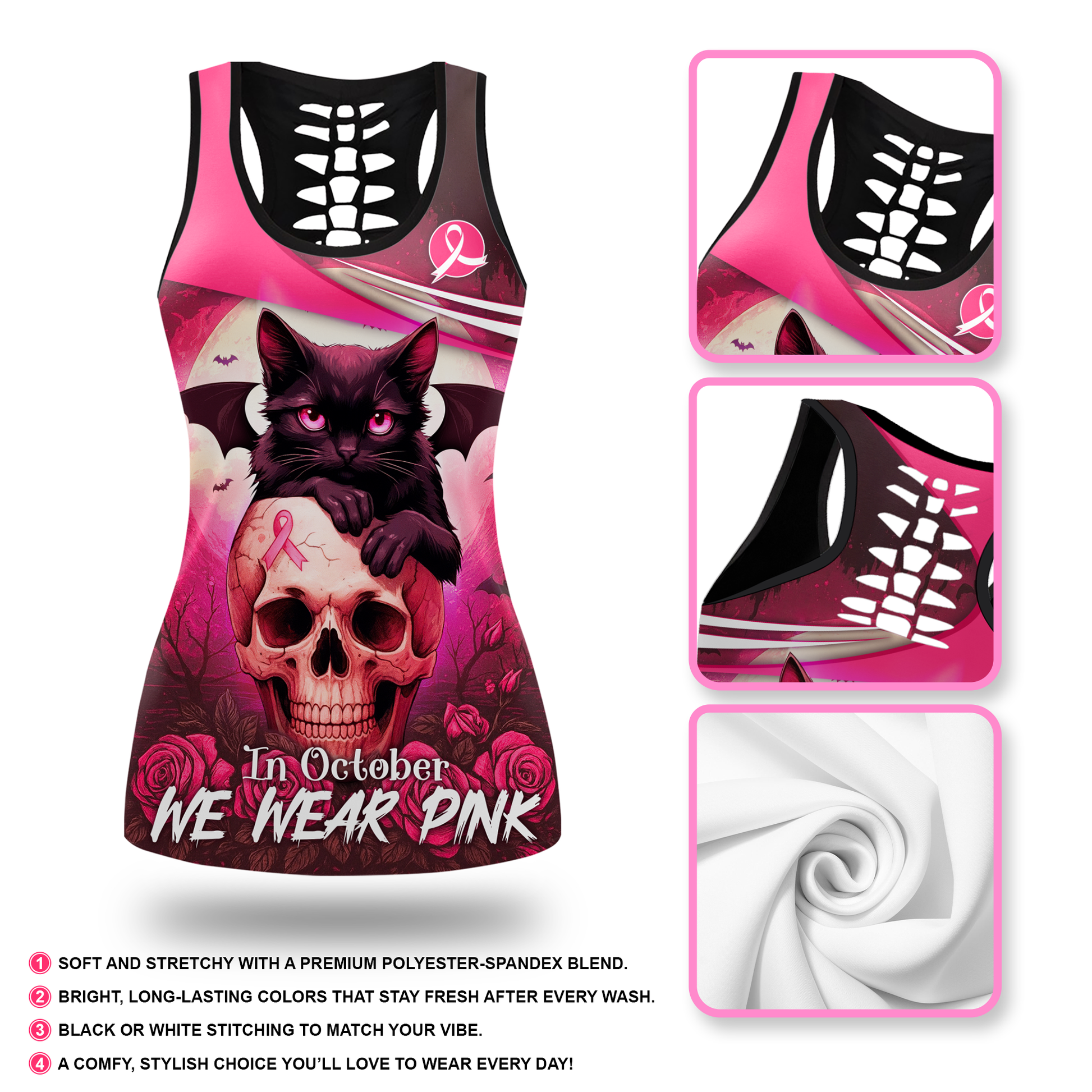 Custom Name "In October We Wear Pink" Black Cat Skull Leggings and Hollow Tank Top Set, Custom Choo