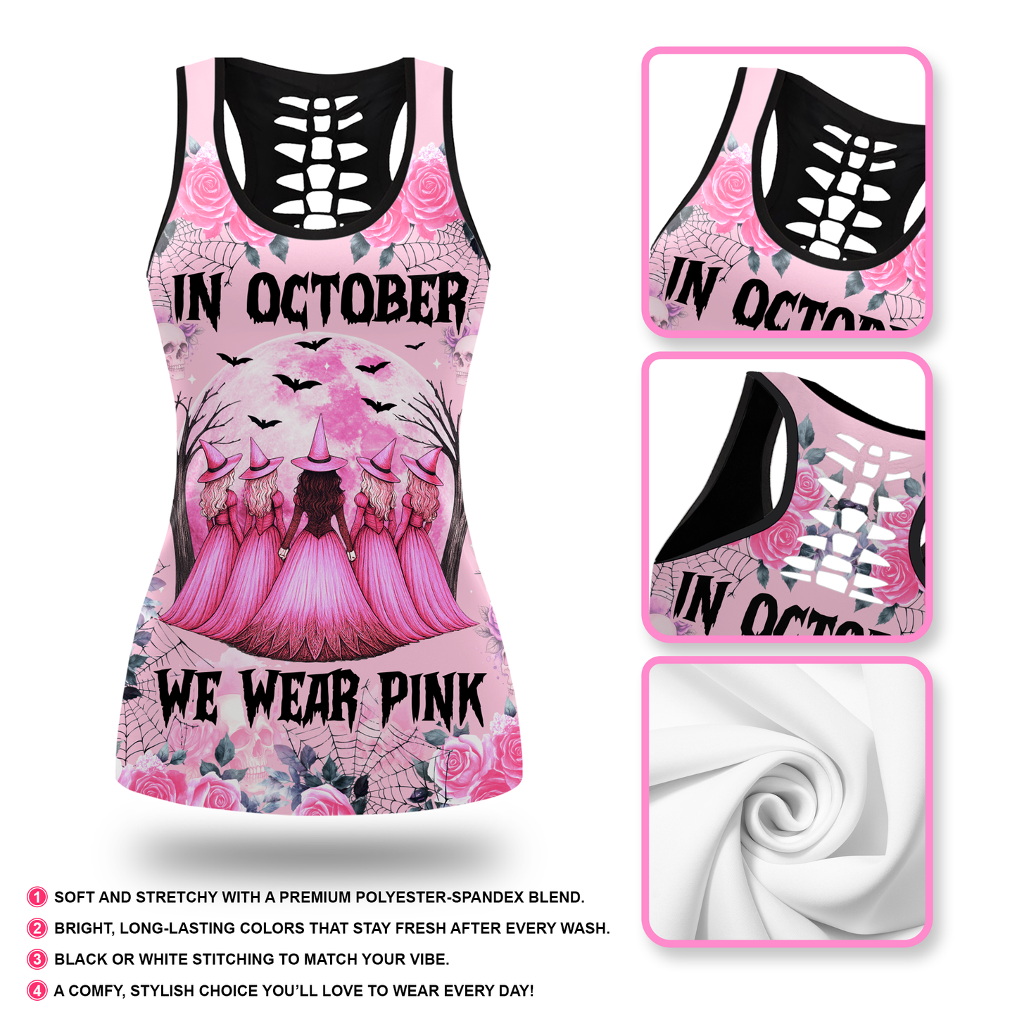 "In October We Wear Pink" Witch Hollow Back Tank Top & Skull Rose Leggings Set, Custom Choo