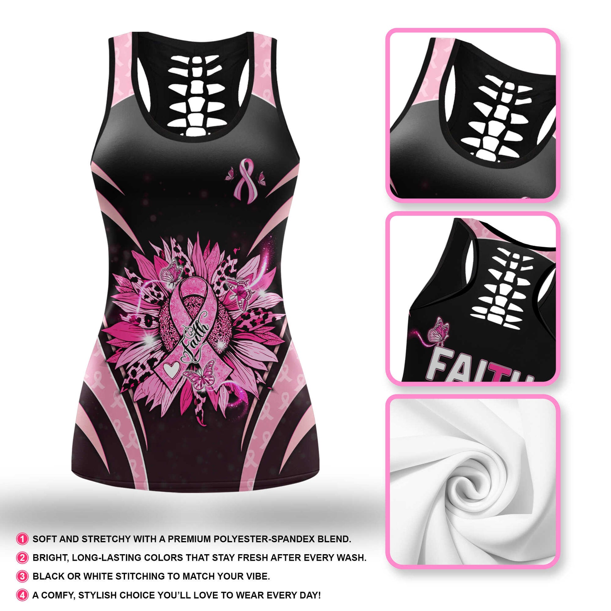 Pink Ribbon Activewear – Breast Cancer Awareness Hollow Tank & Legging Combo, Custom Choo