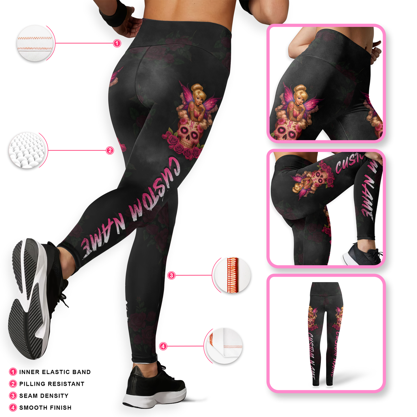 Personalized Breast Cancer Awareness "Fight Like A Girl" Fairy Sugar Skull Tank Top & Leggings Set, Custom Choo