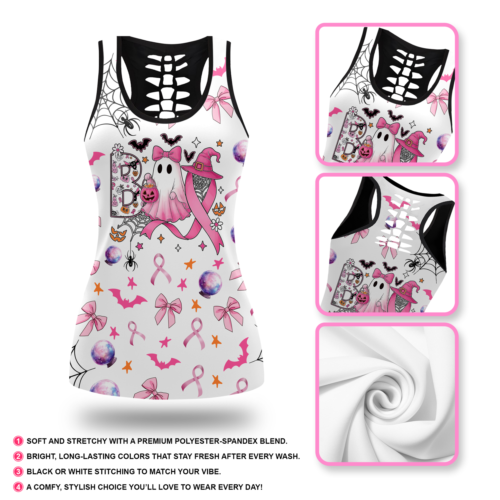 Pink Ribbon Ghost "Boo" Hollow Tank and Leggings Combo, Custom Choo