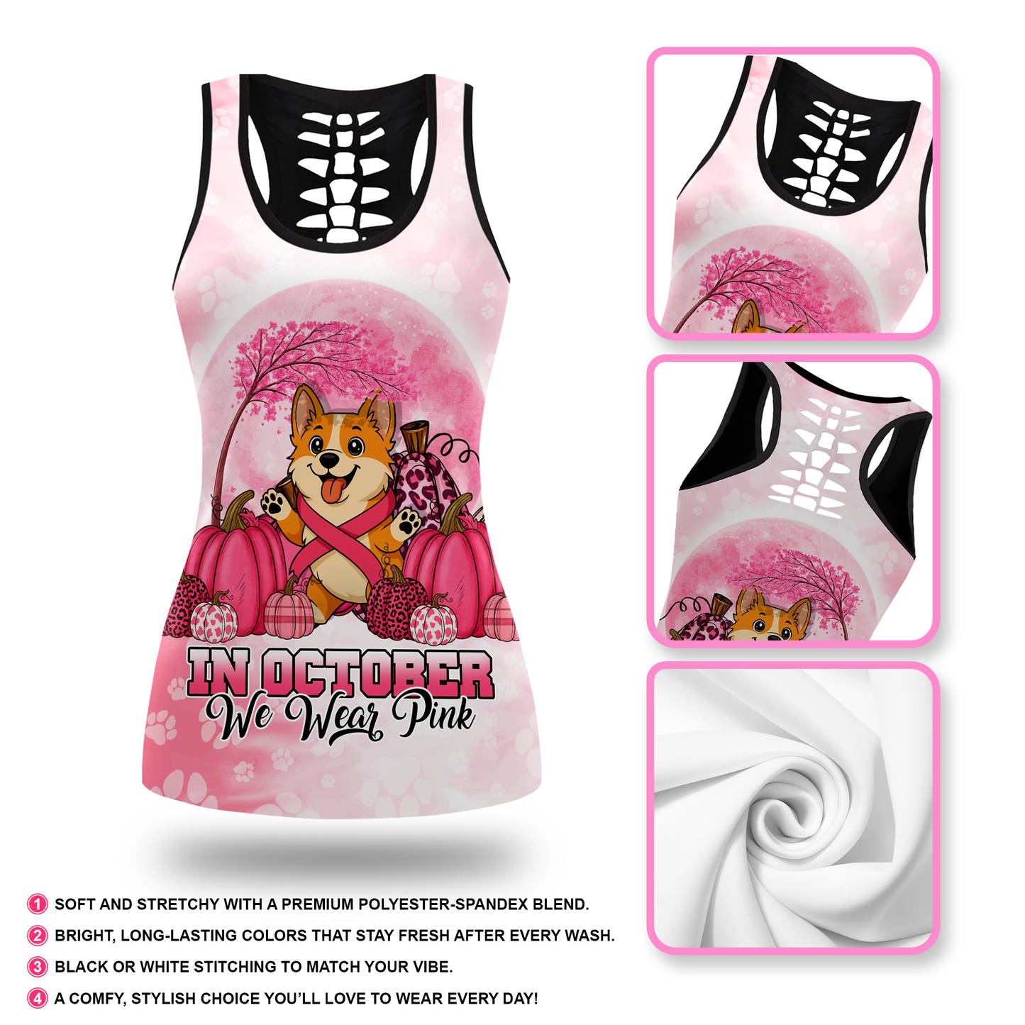 Breast Cancer Awareness Corgi Custom Name Tank Top & Leggings, Custom Choo
