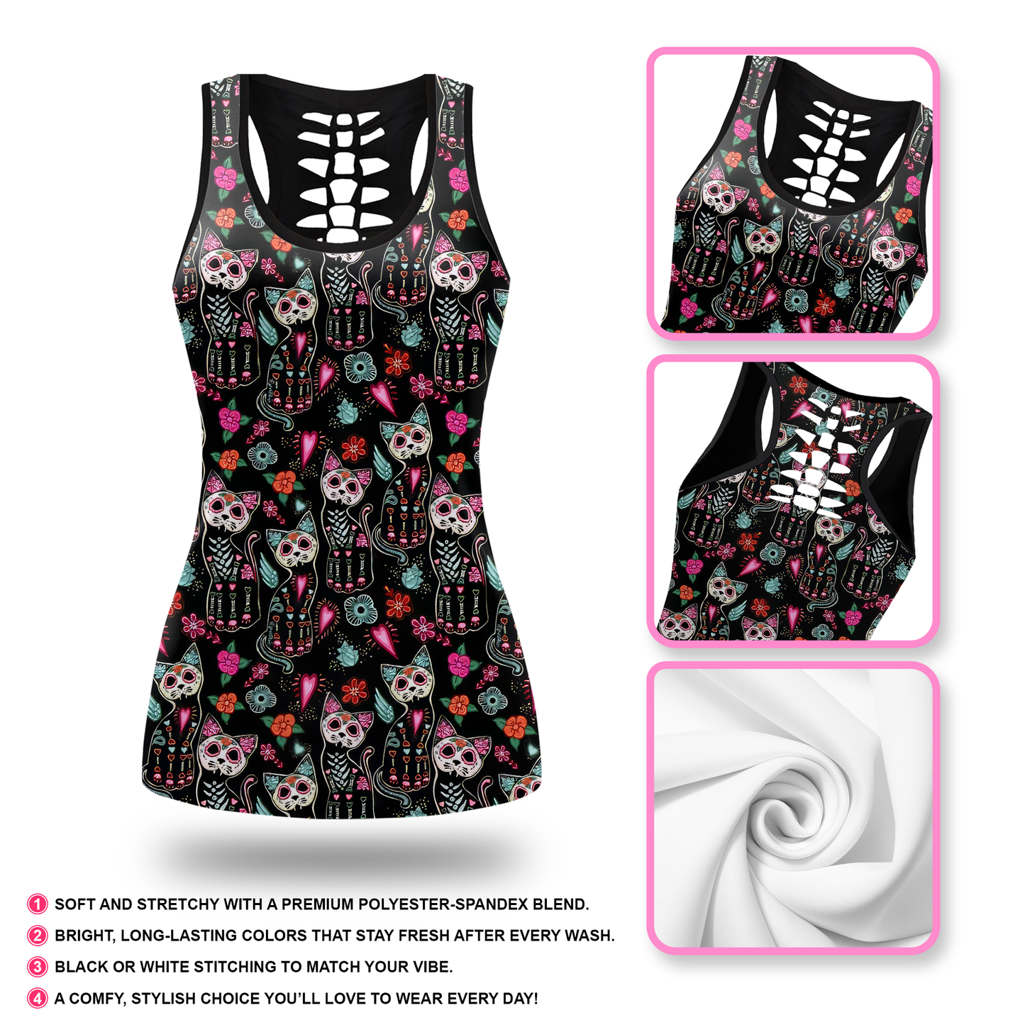 Sugar Skull Cat Leggings & Tank Top Set – Day of the Dead Workout Outfit for Women, Custom Choo