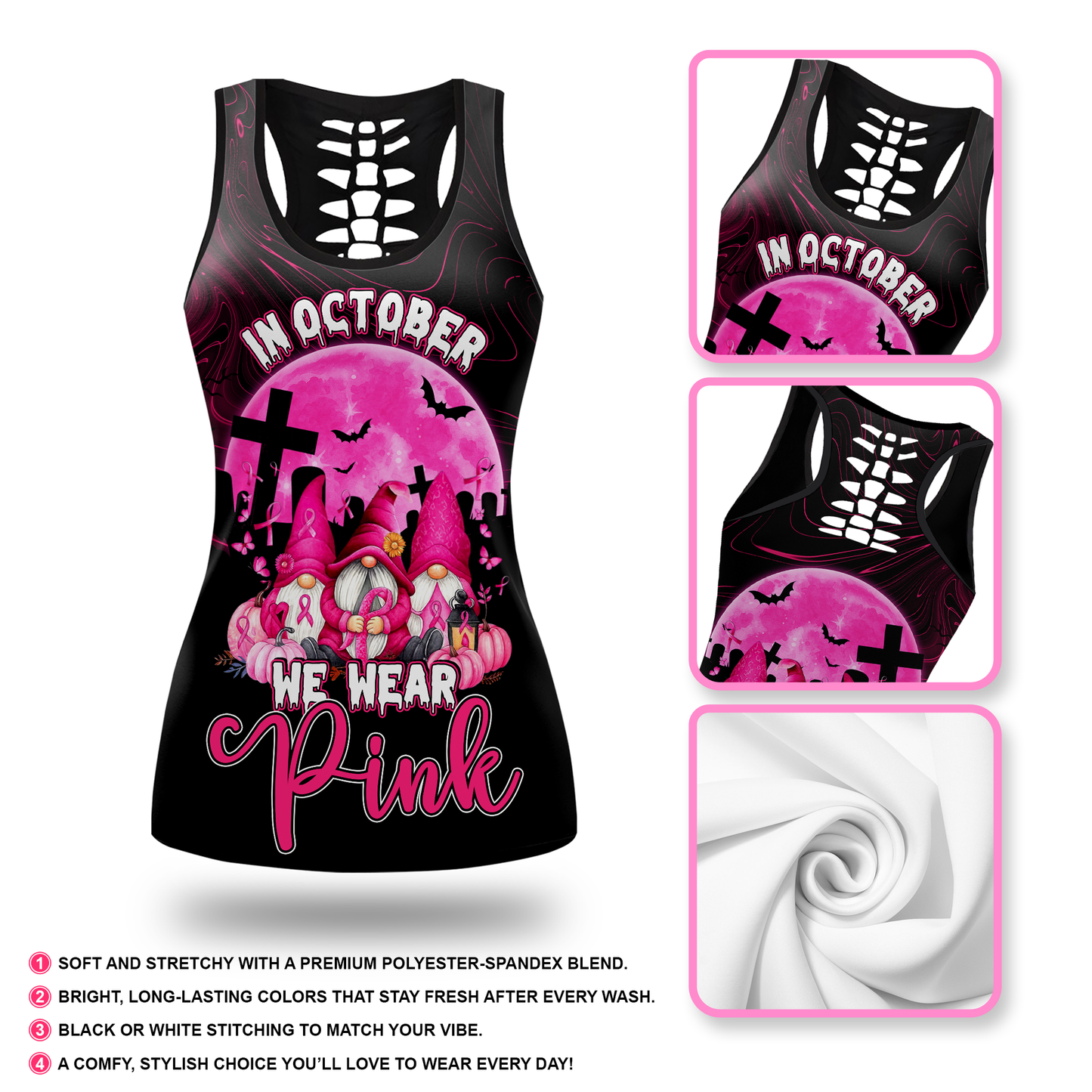 Personalized "In October We Wear Pink" Gnomes Leggings and Tank Top Set, Custom Choo