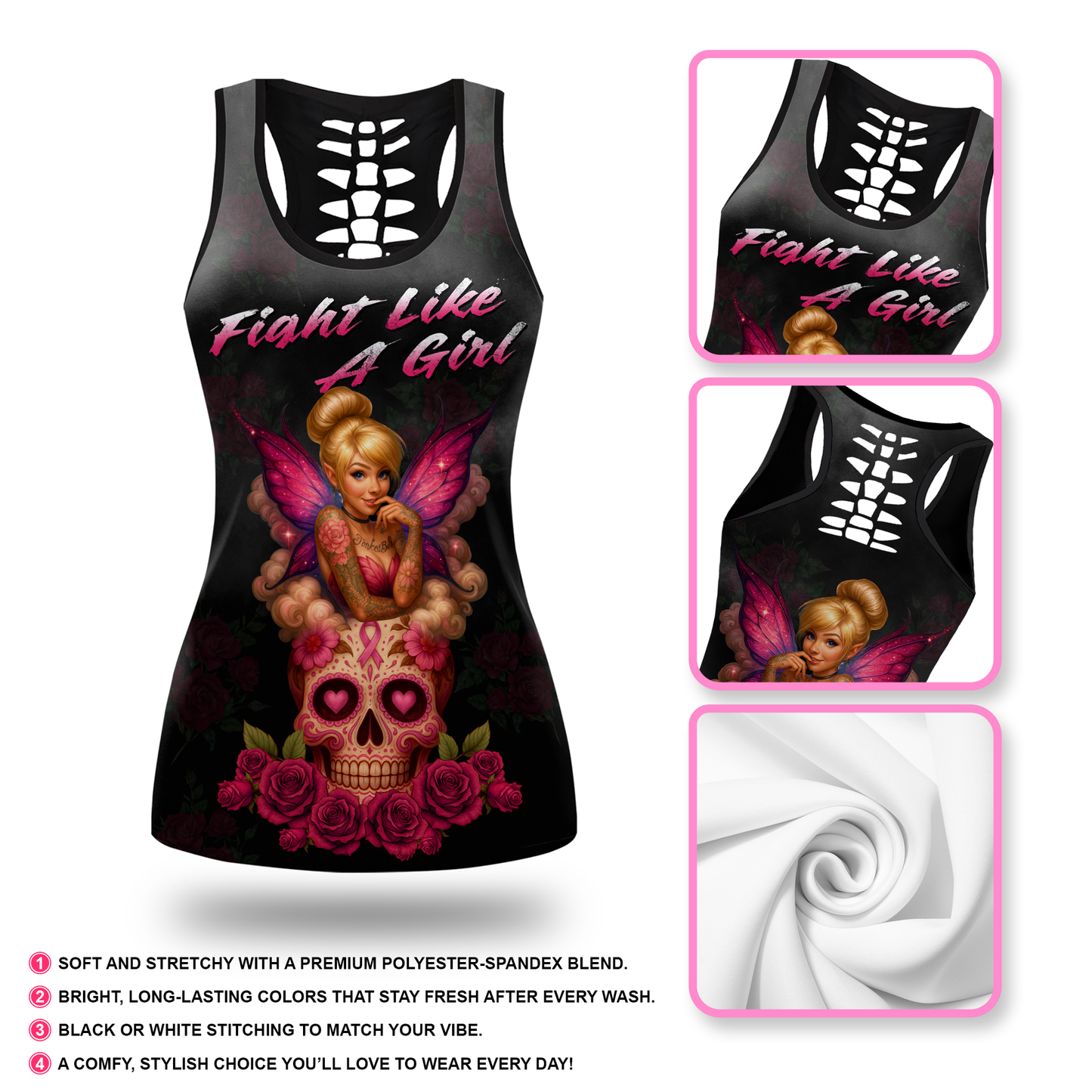 Personalized Breast Cancer Awareness "Fight Like A Girl" Fairy Sugar Skull Tank Top & Leggings Set, Custom Choo