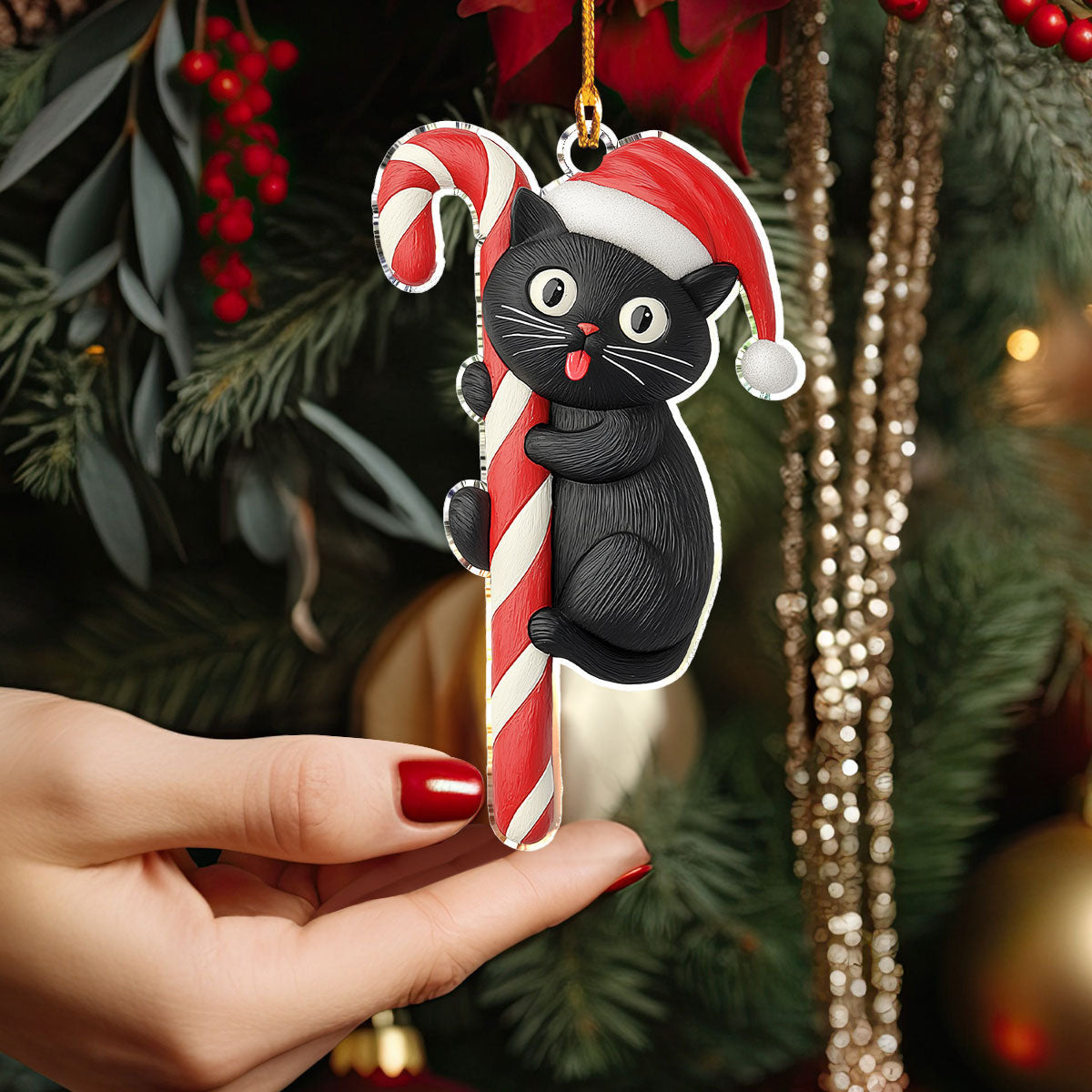 Bestchoo 2D Acrylic Ornament - Black Cat Candy Cane