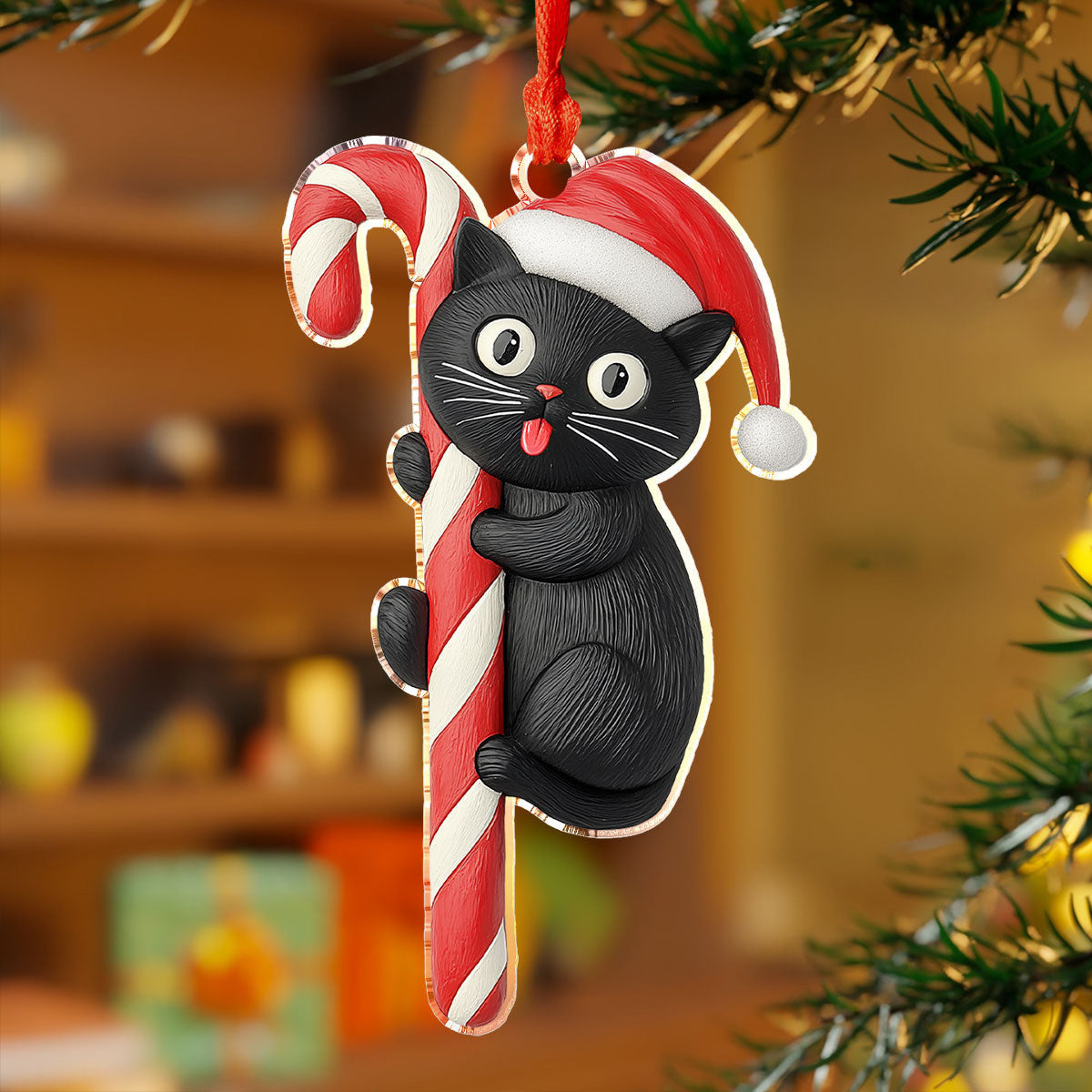 Bestchoo 2D Acrylic Ornament - Black Cat Candy Cane