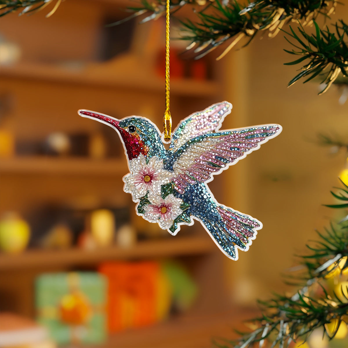 Bestchoo 2D Acrylic Ornament Twinkling Floral Hummingbird
