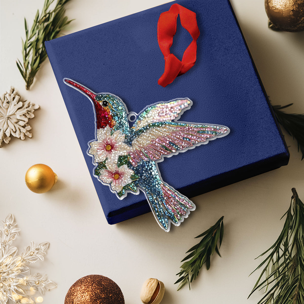 Bestchoo 2D Acrylic Ornament Twinkling Floral Hummingbird