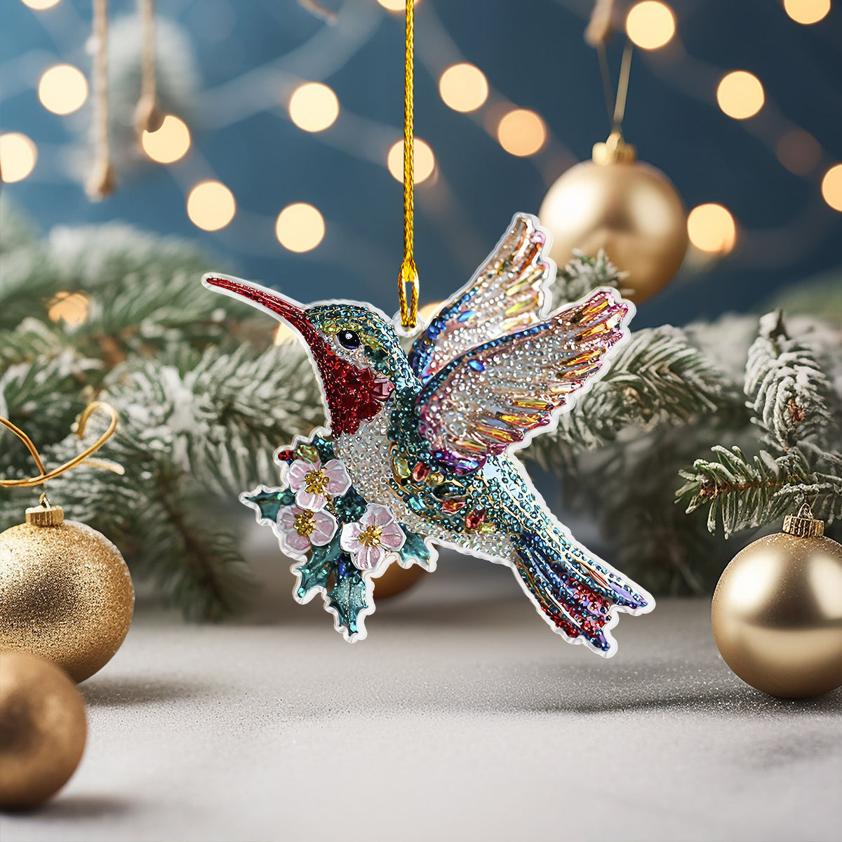 Bestchoo 2D Acrylic Ornament Twinkling Floral Hummingbird