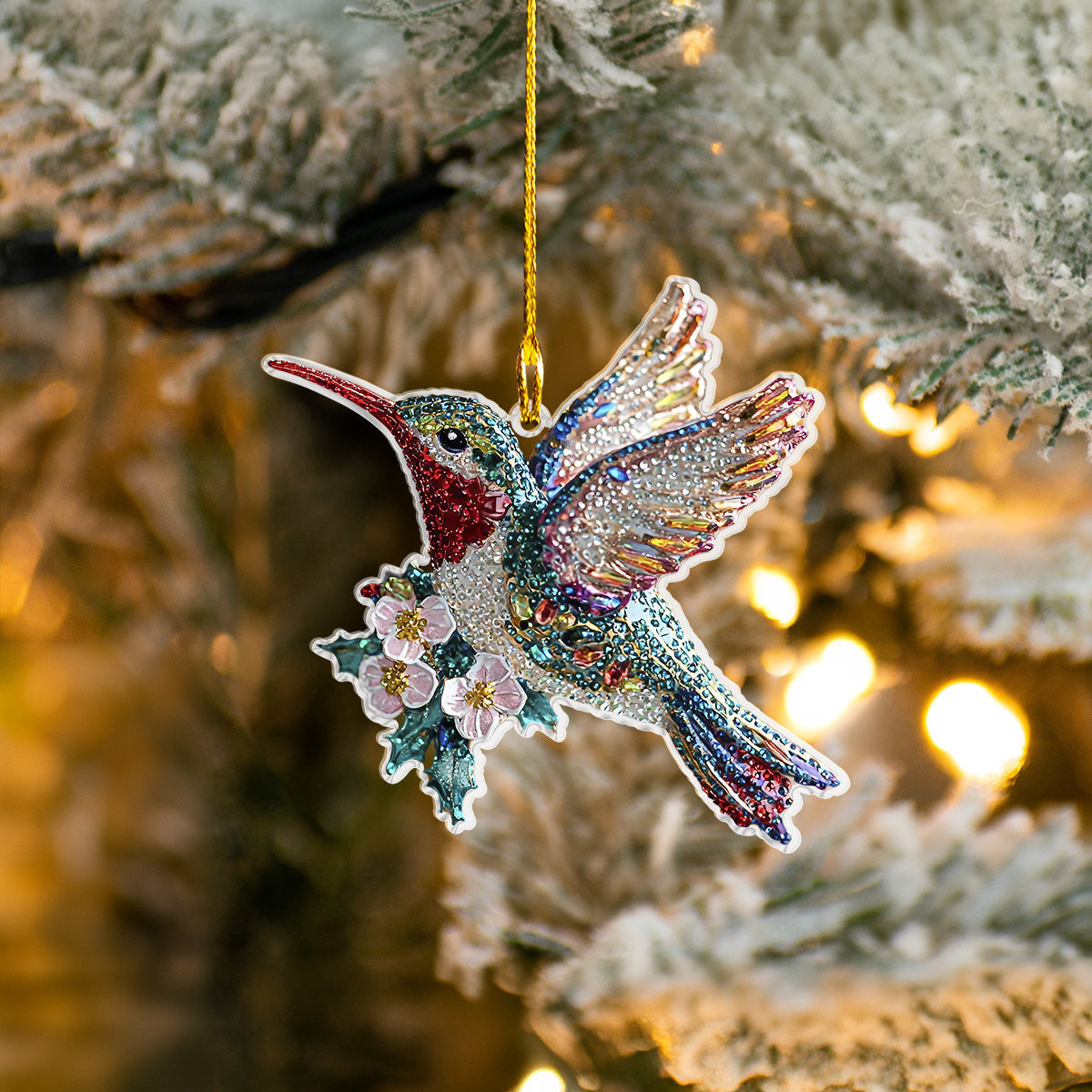 Bestchoo 2D Acrylic Ornament Twinkling Floral Hummingbird
