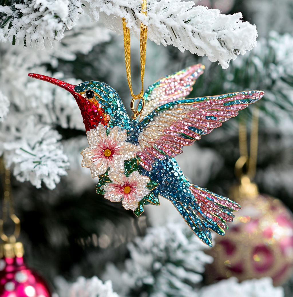 Bestchoo 2D Acrylic Ornament Twinkling Floral Hummingbird