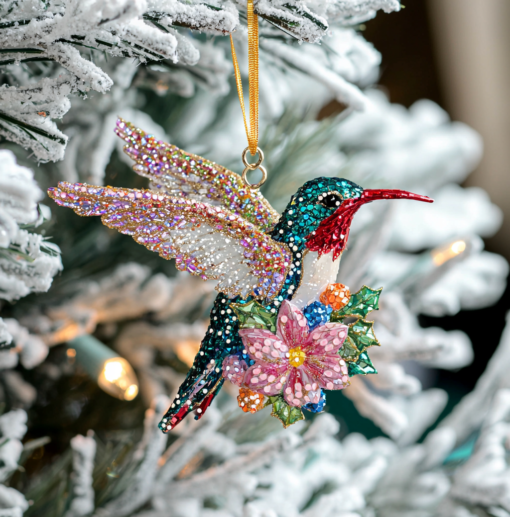 Bestchoo 2D Acrylic Ornament Twinkling Floral Hummingbird