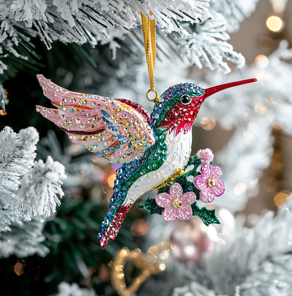 Bestchoo 2D Acrylic Ornament Twinkling Floral Hummingbird