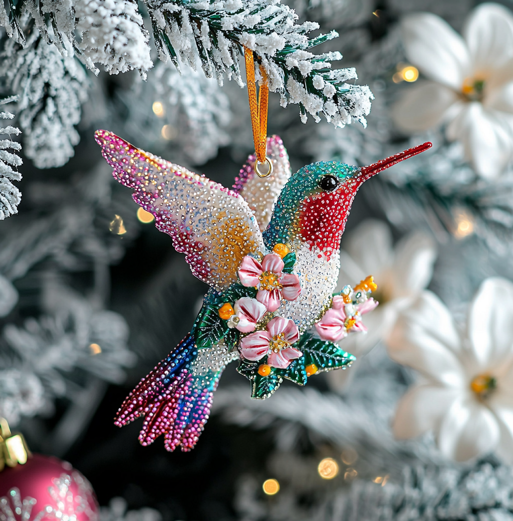 Bestchoo 2D Acrylic Ornament Twinkling Floral Hummingbird