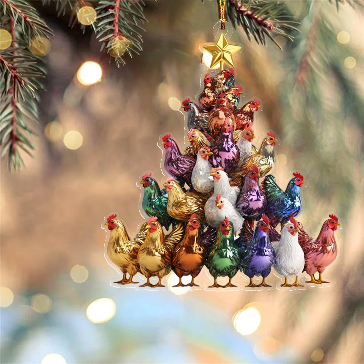Bestchoo 2D Acrylic Ornament Amazing Colorful Chickens Christmas