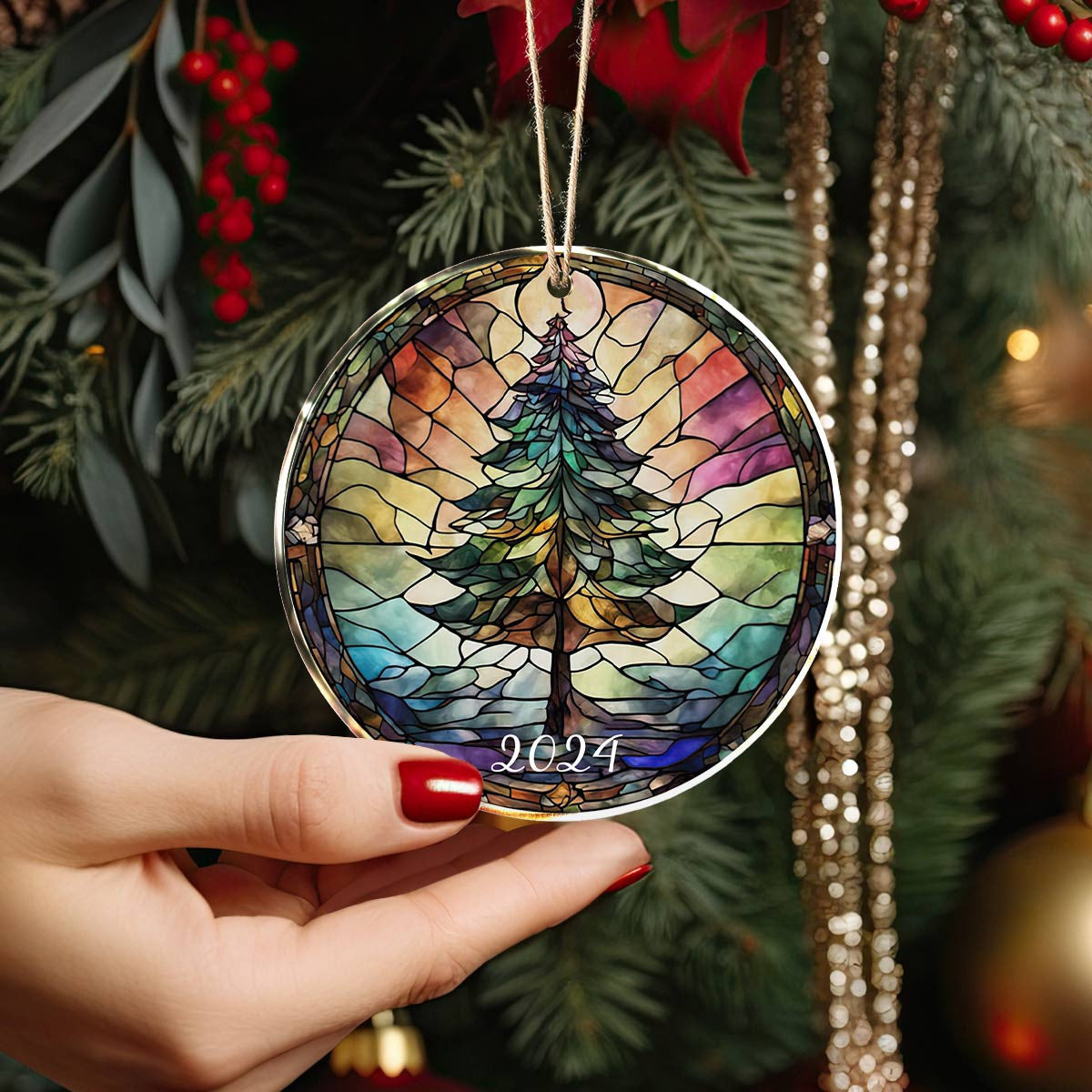 Bestchoo 2D Acrylic Ornament 2024 Festive Stained